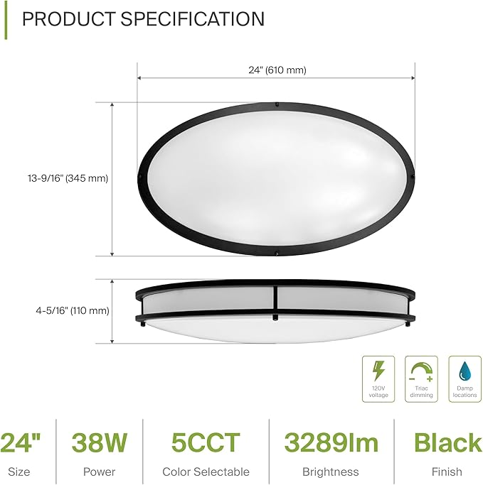 ASD LED 24" Oval Flush Mount Lighting, Close to Ceiling Light Fixture | 5CCT, Dimmable, ETL Listed | 38W 3280LM 2700-5000K 120V | Low Profile Double Ring Lamp | Black, 2 Pack