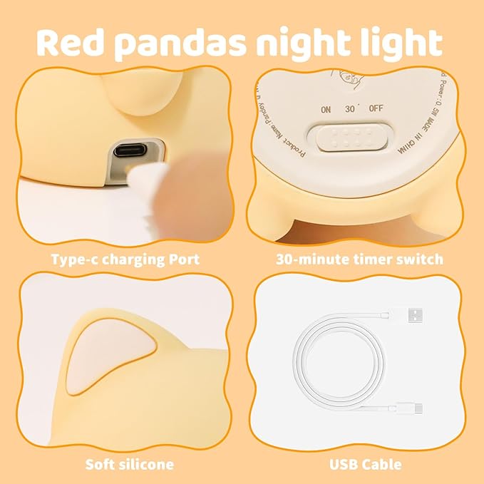 Red Panda Night Light, Squishy Silicone Lamp for Kids - Tap Control 2 Brightness, 50H Battery & Auto Timer, Cute Valentines Gifts for Boys Girls, Bedside Nursery Desk Decor