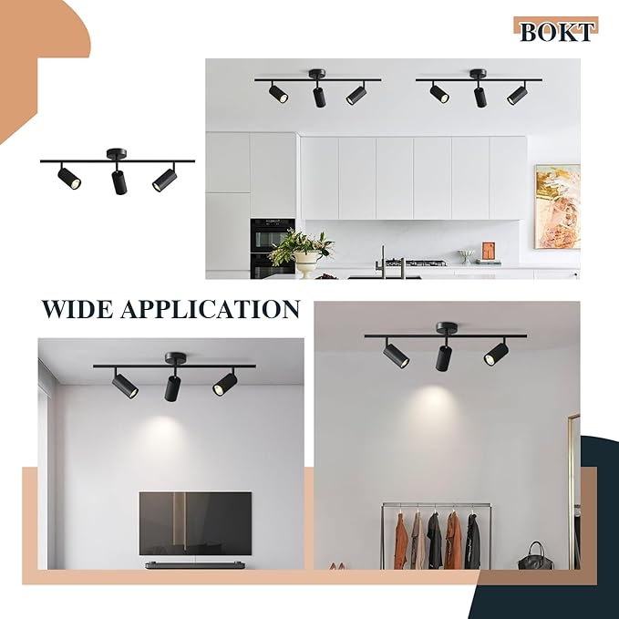 BOKT Modern Matte Black 3 Lights Adjustable LED Track Lighting Kits Industrial 3 Ways Flush Mount Ceiling Spotlights Multi-Spot Ceiling Track Light Fixture