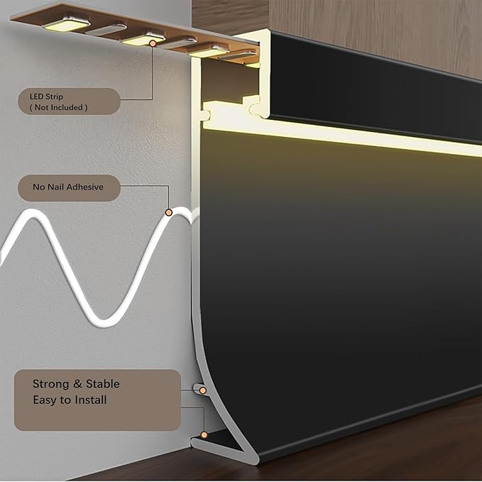 LED Aluminium Metal Baseboard Trim, Matte Grey 22Pcs 50mm x 2500mm 1.97" x 8.2' Total 180.4 ft LED Light Aluminum Wall Base Board Cover Molding Skirting Trim, Embedded Installation Downlight
