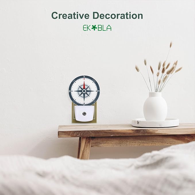 EKOBLA Compass Nautical Plug-in Nightlights Compass Rose Night Lights Plug into Wall Dusk to Dawn Sensor LED Nightlight for Bedroom Bathroom Hallway Living Room Kitchen