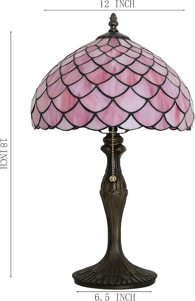 Tiffany Lamp Stained Glass Table Lamp 12” x 19” Pink Fish Scales Style Decorative Lamp Bedside Reading Lamp for Desk Living Room Bedroom Office Study Light Home Decor Gift