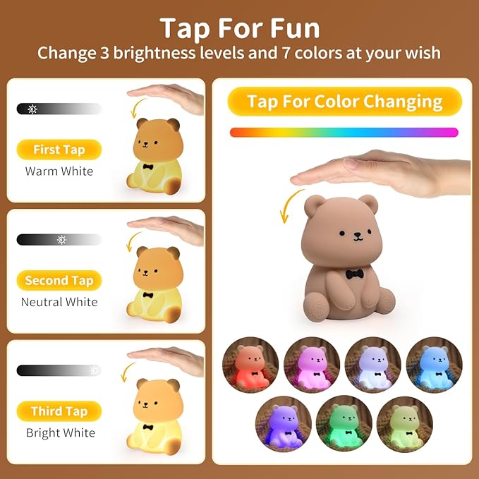 Pak Cute Bear LED Night Light, Soft Silicone Nursery Night Light for Breastfeeding, Touch Control Squishy Night Lamp, 7 Color Changing, USB Rechargeable Desktop Light, Room Decor, Gift for Kids Lovers