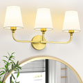 Brushed Gold Bathroom Light Fixtures, 3-Light Vanity Lights, Bathroom Lighting Fixtures Over Mirror with Flared White Fabric Shade,Modern Wall Sconce for Mirror Hallway Bedroom Living Room(ETL Listed)