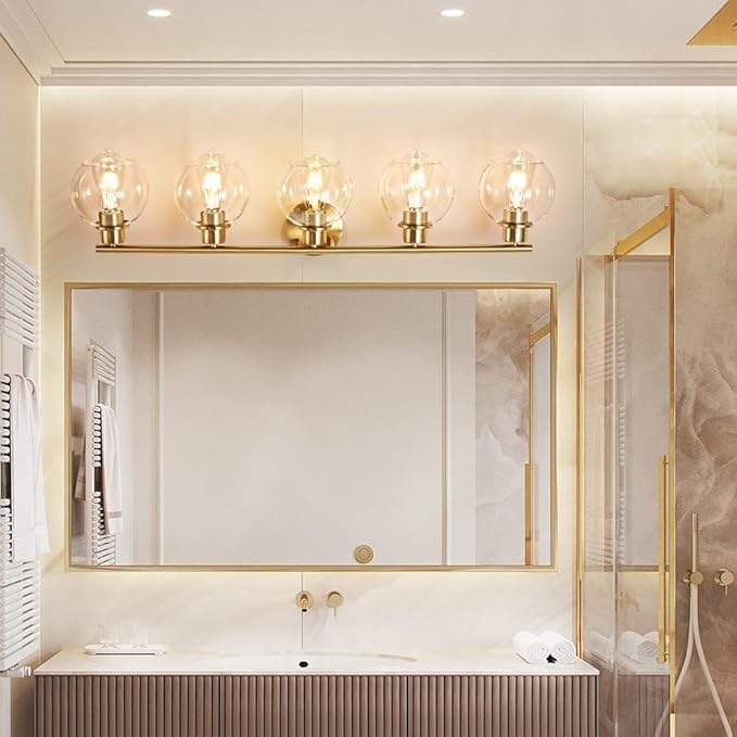 Bathroom Light Fixtures Over Mirror 5-Lights Bathroom Vanity Light with Clear Glass Shade 37.5 inch Modern Wall Sconce Gold Vanity Lighting for Bath