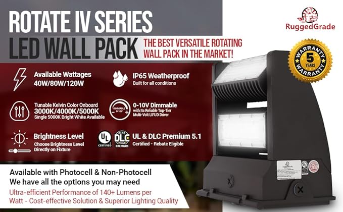 RuggedGrade 80W - Rotate IV Series LED Wall Pack - 11,100 Lumens - Color Selectable 3000K/4000K/5000K - Outdoor LED Wall Light - White - DLC 5.1 Premium