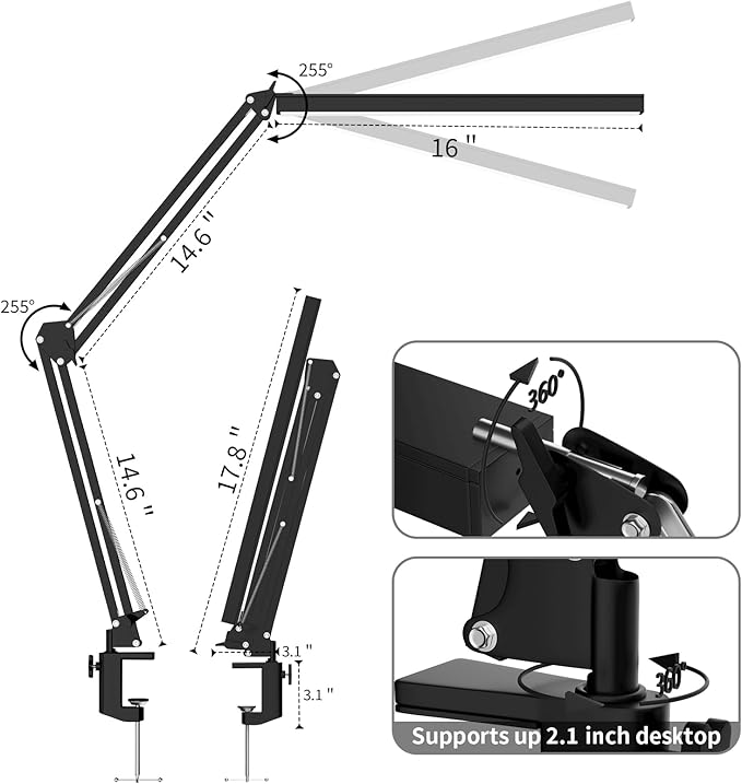 LED Desk Lamp, Manicure Table Lamp, Eye-Caring Drafting Light, Dimmable Office Table Lamp with 3 Color Modes, 10 Brightness Levels & Adapter, Memory Function(Black)