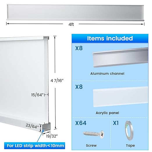 Muzata 8Pack 4FT/1.2M Spotless Aluminum LED Baseboard Lighting Frosted LED Diffuser Neon Skirting Board Indoor Mood Lighting Baseboard LC31