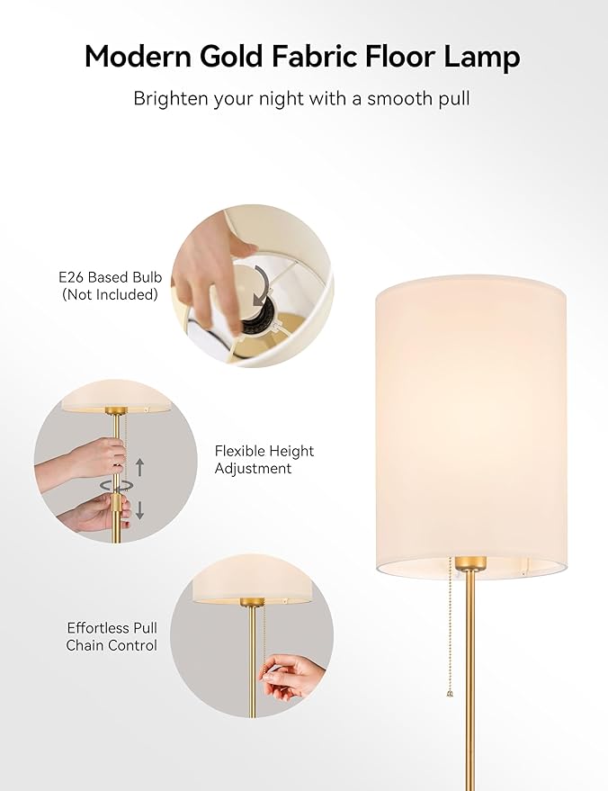 Tubicen Gold Floor Lamp 61" Tall Lamp with Pull Chain Switch Fabric Shade Adjustable Height Dimmable Mid Century Modern Plug in Standing Floor Lamps for Living Room Bedroom Office E26 Base