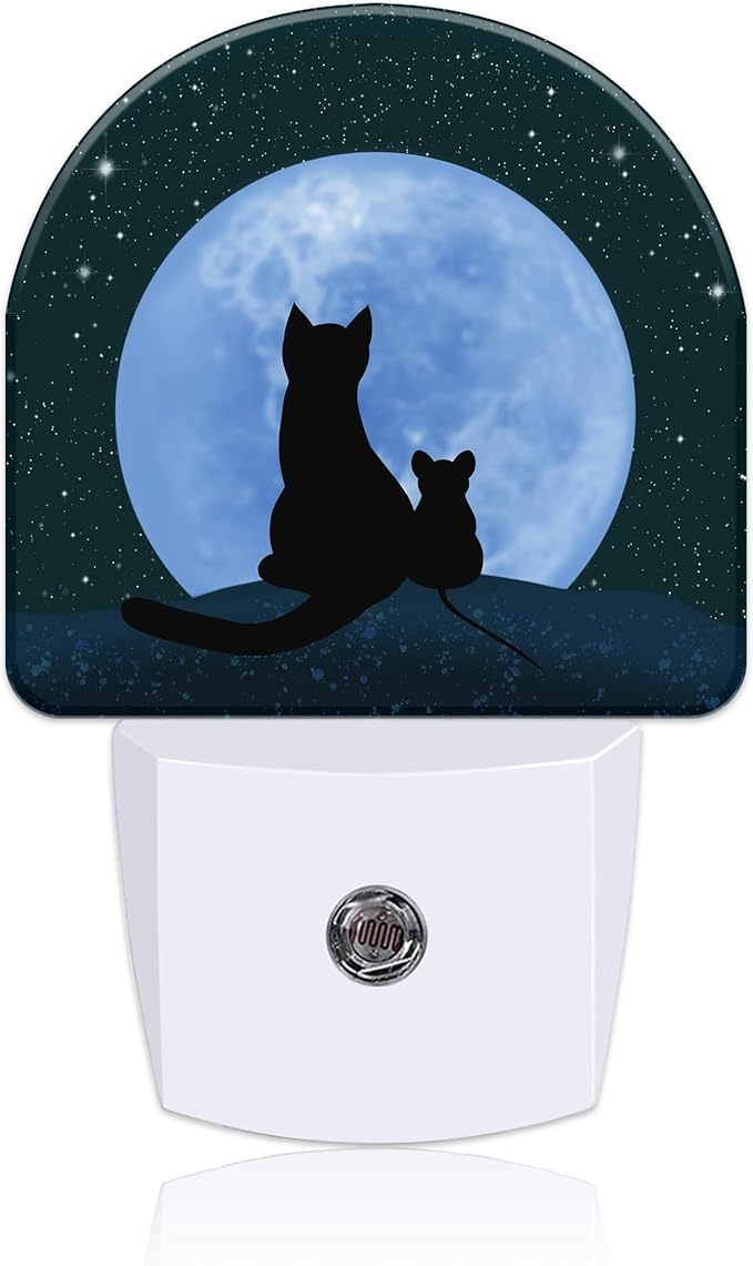Plug in Night Lights Cat and Mouse Looking Moon Nightlight Plug Into Wall Dusk to Dawn Sensor LED Night Light for Kid Girls Boys Women Room Decor, Hallway, Kitchen, Bathroom, Nursery, Stairs