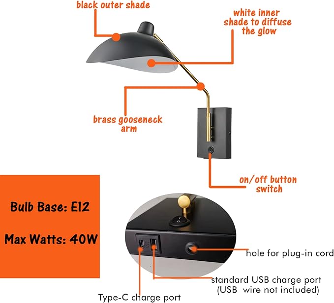 CLAXY Plug in Wall Sconce Swing Arm Wall Light Matte Black with USB Charge Port-Set of 2, Plug in or Hardwired Wall Mounted Lights for Bedroom Reading Room Living
