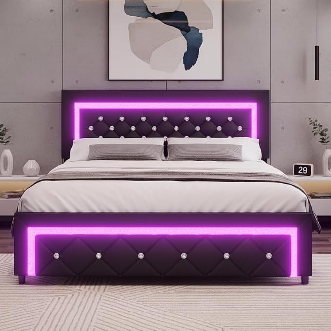 BarnFurin Queen Size Bed Frame with LED Lights, Upholstered Platform Bed with Diamond Tufted Headboard, No Box Spring Needed, Noise Free, Easy Assembly, Black