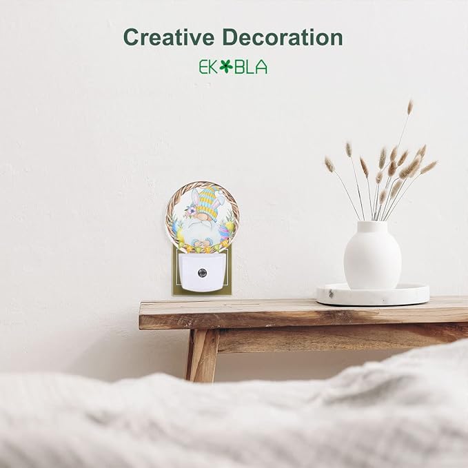 EKOBLA Cute Gnome Night Light Bunny Gnome Flowers Branch Framed Night Lights Plug into Wall Auto on/Off LED Round Lamp for Girls Boys Bedroom Decor Holiday Gifts