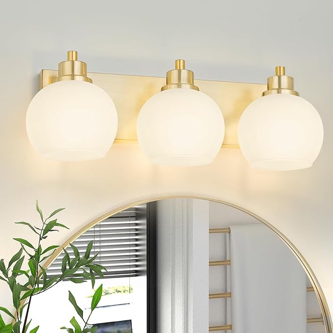 Tuscarora Bathroom Light Fixtures Gold Vanity Light 3 Light Wall Sconces Lighting Brushed Brass Bathroom Lights Bath Wall Lights Wall Lamp for Mirror Kitchen (Brushed Gold & Milk Glass)