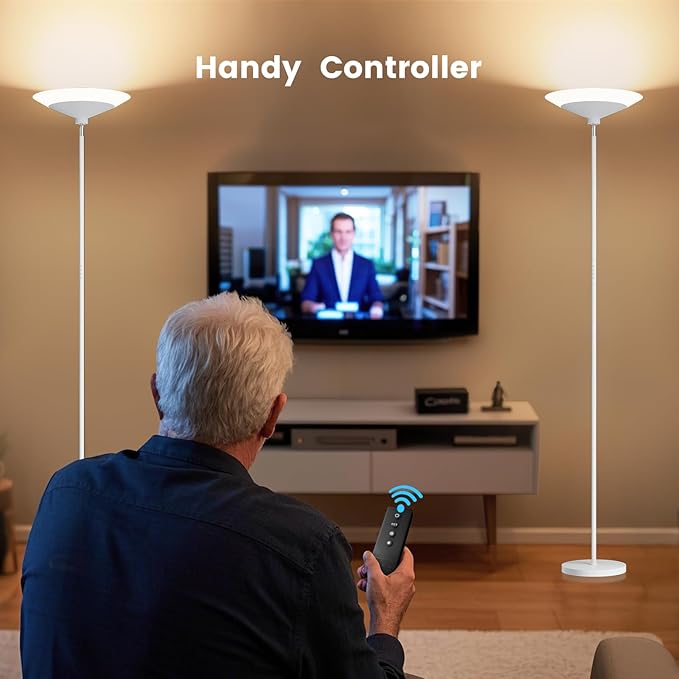 White Torchiere Floor Lamp - 30W Dimmable LED Standing Lamp with Remote/Button Control, 1800Lm, 3000-6500K, 72in Bright Standing Pole Light for Living Room Bedroom Office Corner