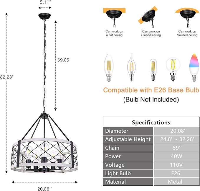 5-Light Vintage Farmhouse Chandelier, 20'' Antique White Rustic Chandeliers for Dining Room, Adjustable Metal Drum Hanging Pendant Light Fixture for Foyer Entryway Bedroom Hallway Kitchen