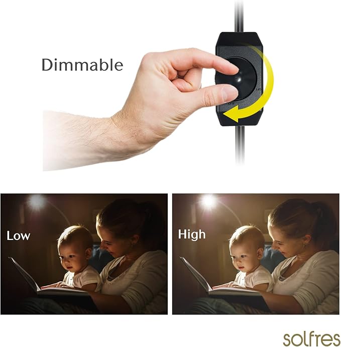 Solfres Patented Innovative Design Headboard Reading Light. No Drilling Golden Book Light for Bedtime Reading. Dimmable LED Book Reading Lamp with Bulb. Movable & Flexible, Black