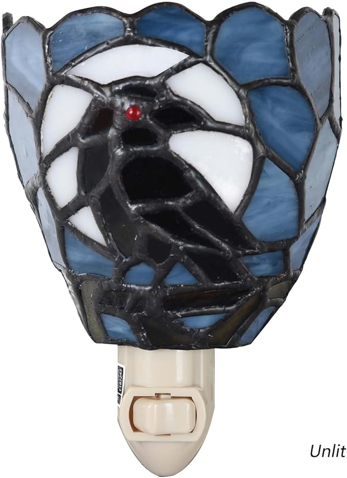 Bieye L12022 Tiffany Style Stained Glass Raven Plug-in Night Light Gothic Crow and Full Moon Design Bedside Wall Lamp