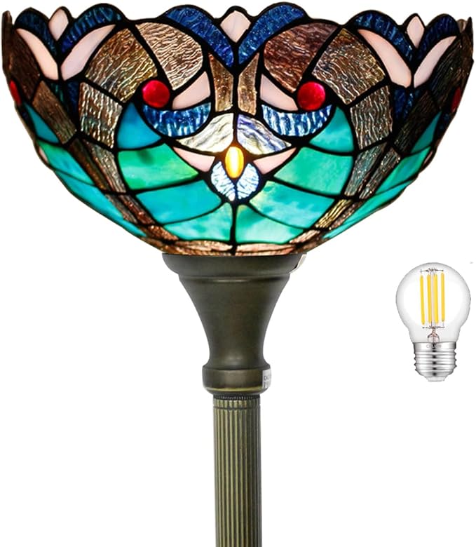 WERFACTORY Tiffany Floor Lamp Green Liaison Stained Glass Light 12X12X71 Inches Pole Torchiere Standing Corner Torch Uplight Decor Bedroom Living Room Home Office S160G Series