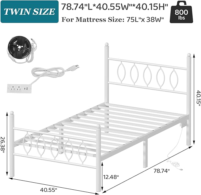 Twin Size Bed Frame with Headboard,White Metal Platform Bed Frame Twin Size with Charging Station & LED Lights,12-Inch Under Bed Storage,No Box Spring Needed,Noise Free,Easy to Assemble