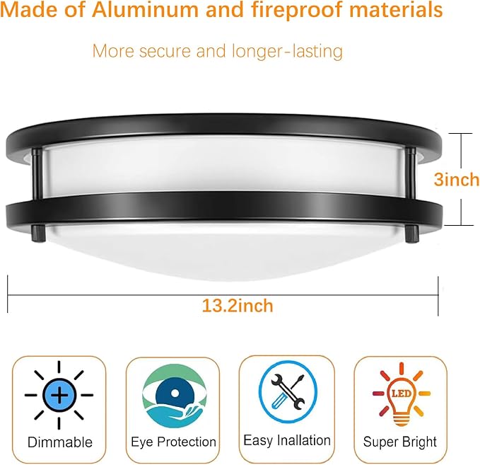 Drosbey 48W LED Flush Mount Ceiling Light Fixture, Ceiling Lights for Kitchen, Bedroom, Bathroom, Garage, Dimmable, Super Bright 5000 Lumens, 3000K/4000K/5000K Adjustable (Black), UL Listed
