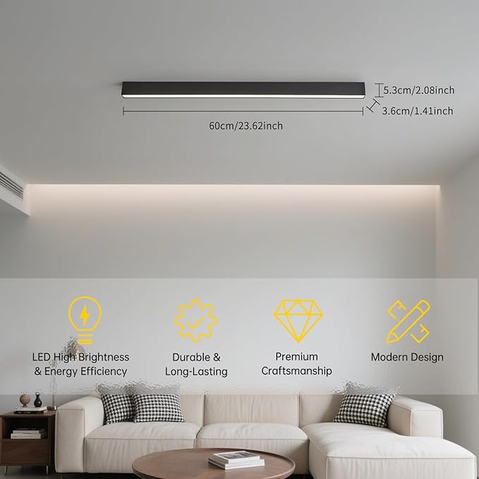 Black ceiling light LED, modern and simple, long strip ceiling surface installation, suitable for living room, bedroom, corridor and kitchen, remote control to switch color and brightness, 23.6 inches