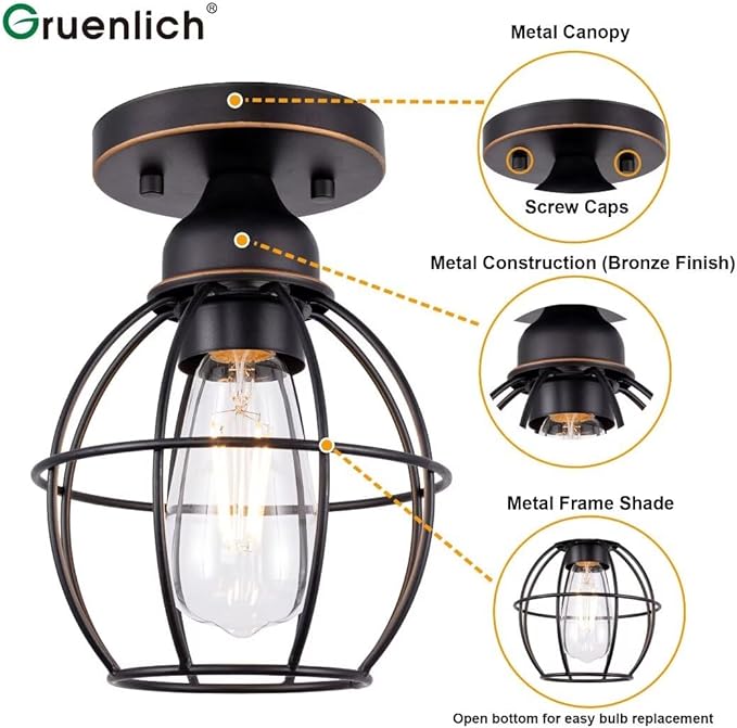 GRUENLICH Semi Flush Mount Ceiling Light Fixture for Outdoor and Indoor, E26 Medium Base 60W Max, Metal Housing and Metal Cage, Bulb not Included, 1-Pack, Oil Rubbed Bronze Finish