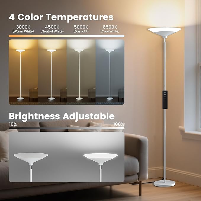 White Torchiere Floor Lamp - 30W Dimmable LED Standing Lamp with Remote/Button Control, 1800Lm, 3000-6500K, 72in Bright Standing Pole Light for Living Room Bedroom Office Corner
