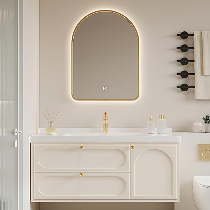 52IN Creamy White Floating Bathroom Vanities - Bathroom Vanity with Open Style Storage Shelf | Intelligent Mirror with Time Display has Defogging & Lighting, Water Blocking Edge, 2 Drawers (Style B)