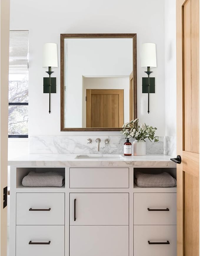 TERLEENART Hardwired Wall Sconces Set of 2, Mid Century Candlestick Style Wall Mounted Sconce with Pure White Cylindrical Shade and Long Slim Stem,for Bathroom Bedroom Living Room