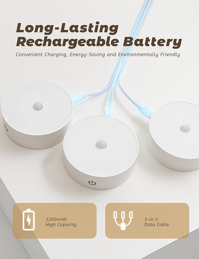LED Under Cabinet Lights, Rechargeable Puck Lights with Remote Control, Dimmable LED Touch Tap Light for Kitchen,Cabinet,Closet, Counter,3 Pack