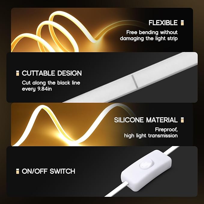 LED Neon Lights Warm White 3000K,9.8ft 110-120V LED Strip Lights,Flexible Outdoor Waterproof Neon Rope Lights for Bedroom,Cabinet,Kitchen,Living Room,Mirror,Halloween Decor