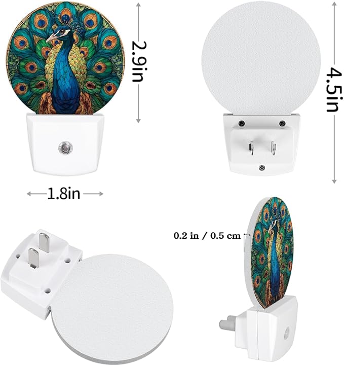 Round Night Lights Beautiful Animal Pecock LED Nightlight Plug in Dust to Dawn Auto On/Off Night Light for Bedroom Bathroom Hallway, 2 Pack