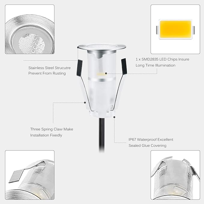 0.7" Tiny LED Deck Lights,Waterproof IP7 Low Voltage Stair Lights Landscape Lighting for Garden,Patio,Stairs Outdoor and Indoor Decoration Security Cool White(Pack of 10)