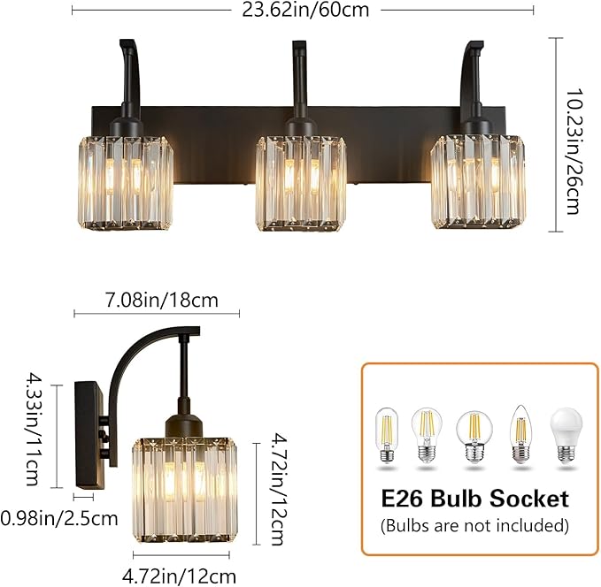 Crystal Vanity Lights 3-Light Black Bathroom Vanity Lights Modern Crystal Bathroom Light Fixtures Over Mirror 23.62" Long Vanity Light for Bathroom