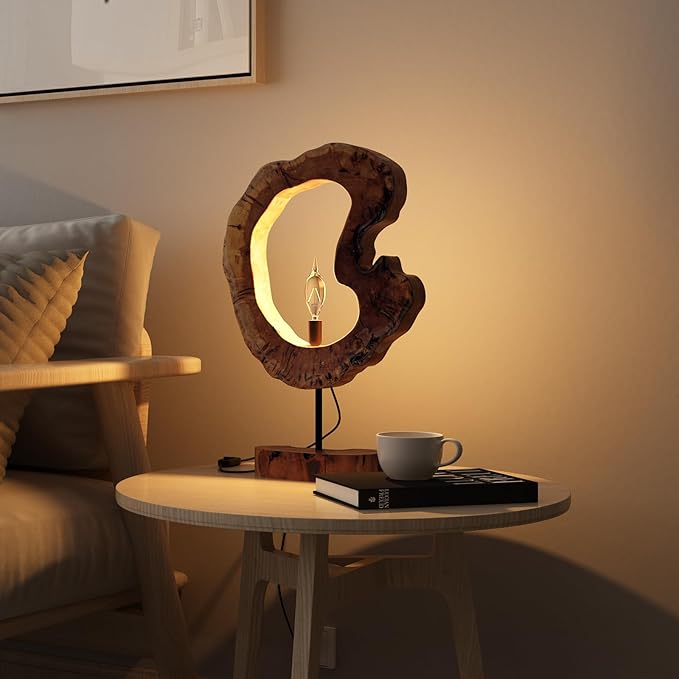 LAPTAIN Wood Table Lamp, Irregular Jujube Tree Wooden Bedside Lamp, Creative Home Decor Table Lamp, Bedside Night Light for Bedroom, Living Room, E12, ON-Off Button,Wood Base