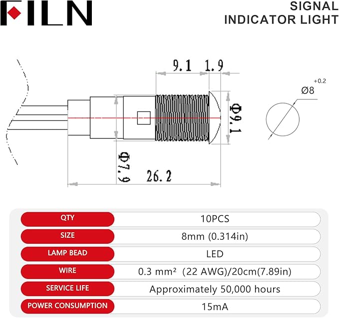10PCS Small 12V LED Indicator Light, 8mm (5/16") IP67 Waterproof 5V-24V Low Power Pilot Lights Panel Mount for Car, Truck, Boat, Dash(Red/Green/Yellow/Blue/White Each 2PCS)