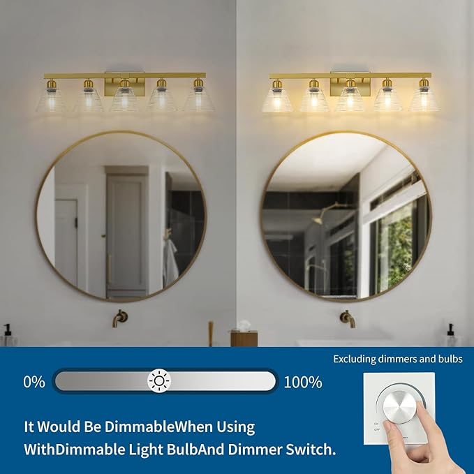 5-Light Modern Bathroom Light Fixtures, Gold Bathroom Vanity Lights with Clear Glass Shade, Farmhouse Wall Sconces for Mirror Kitchen Bedroom Living Room