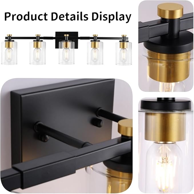 Bathroom Vanity Light 5 Light, Black and Gold Bathroom Lights Over Mirror, Black Gold Vanity Lights Fxitures with Clear Glass Shade, E26