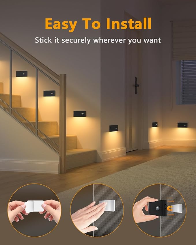 WILLED Motion Sensor Night Lights, Wireless Stair Lights Indoor, Battery Rechargeable Night Lights for Stairway, Hallway, Kitchen, Closet, Cabinet, Bedroom, Kids' Room(4-Pack)