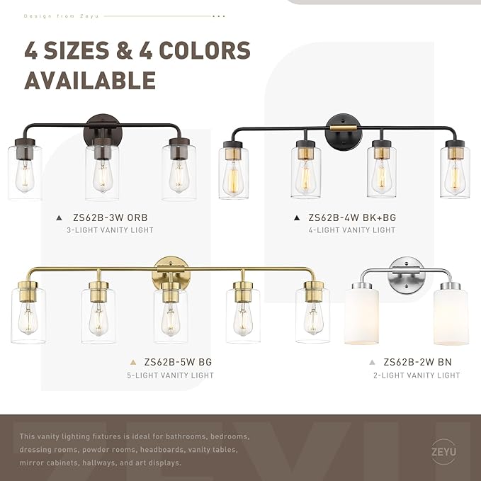 zeyu 3-Light Farmhouse Bathroom Light Fixtures, 22 Inch Bathroom Vanity Light with Clear Glass Shade, Oil Rubbed Bronze Finish, ZS62B-3W ORB