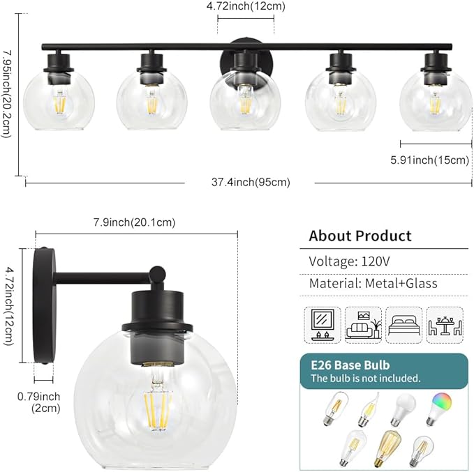 Bathroom Light Fixtures Over Mirror 5-Lights Bathroom Vanity Light with Clear Globe Glass Shade 37.4 inch Modern Black Vanity Light Wall Sconce Vanity Lighting for Bath