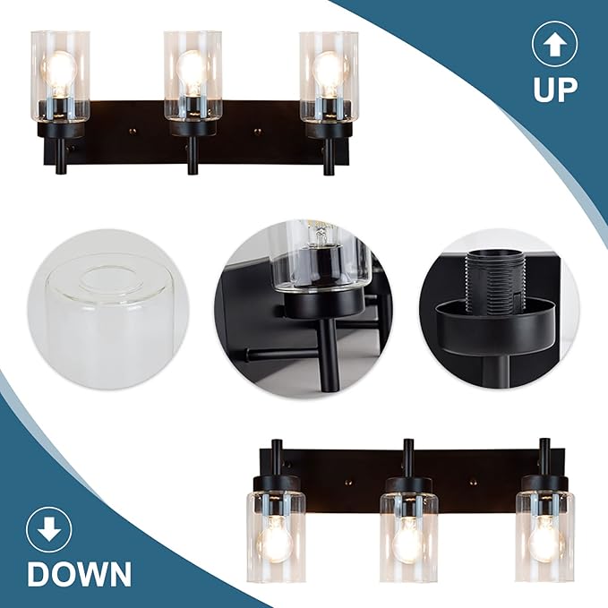 DLLT Wall Light Fixture, Vintage Bathroom Vanity Light with 3 Clear Glass Shade, Wall Sconces Lamp for Powder Room, Hallway, Kitchen, Mirror, Laundry Room (E26 Base)