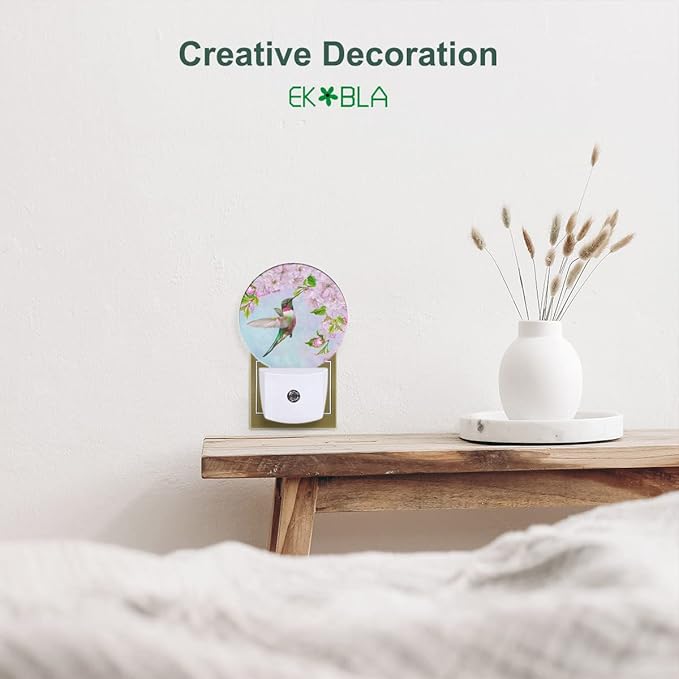 EKOBLA Bird Night Light Spring Hummingbird Pink Flowers Cherry Blossoms Night Lights Plug into Wall Auto on/Off, Indoor Plug-in Wall Light Sleep Friendly for Boys Girls Seniors Elderly