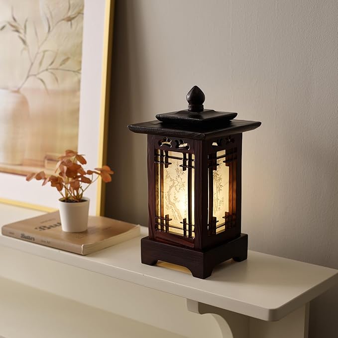 Antique Alive Traditional Korean Wood Lamp | Handmade Asian Oriental Table Lantern | Bedside Bedroom Accent Light | Unique Gift Idea | Hanok Design (Brown) (Pagoda)