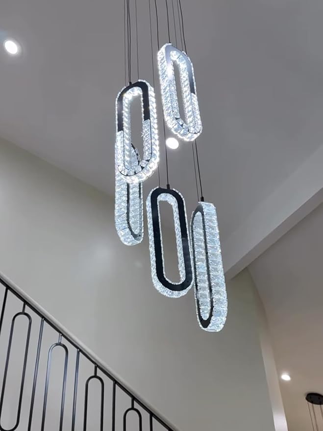 Modern Led Black Chandelier Adjustable 8 Rings Crystal Chandelier for Foyer Stairwell Crystal High Ceiling Pendant Light Dimmable 2700K-6000K