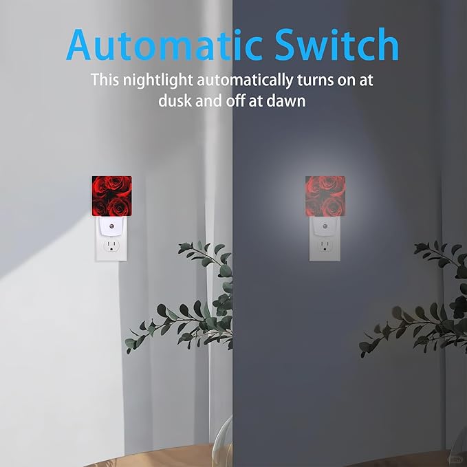 Rose Night Lights Plug into Wall Abstract Red Rose and Black Leaves Night Lights Dusk to Dawn Sensor Led Lamp for Women Men,Led Lights for Stairway/Hallway/Bedroom,0.5W