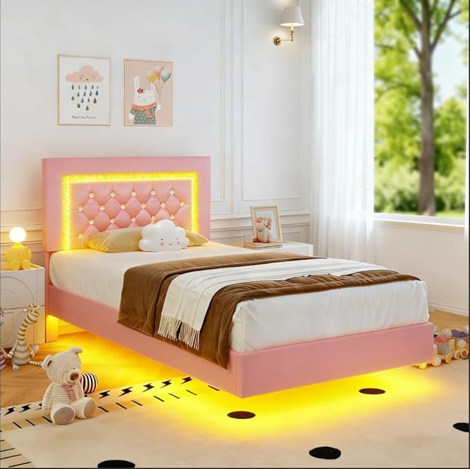 BarnFurin Floating Bed Frame Twin with LED Lights, Upholstered Platform Bed with Diamond Tufted Headboard, No Box Spring Needed, Noise Free, Easy Assembly, Pink