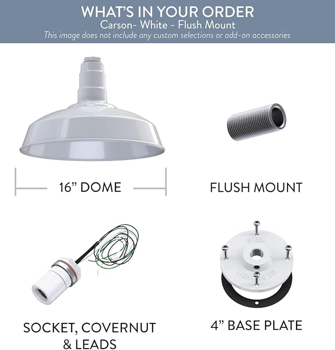Steel Lighting Co. Carson Barn Light | Ceiling Mounted Pendant | 16 inch Dome | Flush Mount | Industrial Style Steel Light Made in America | White Exterior/White Interior