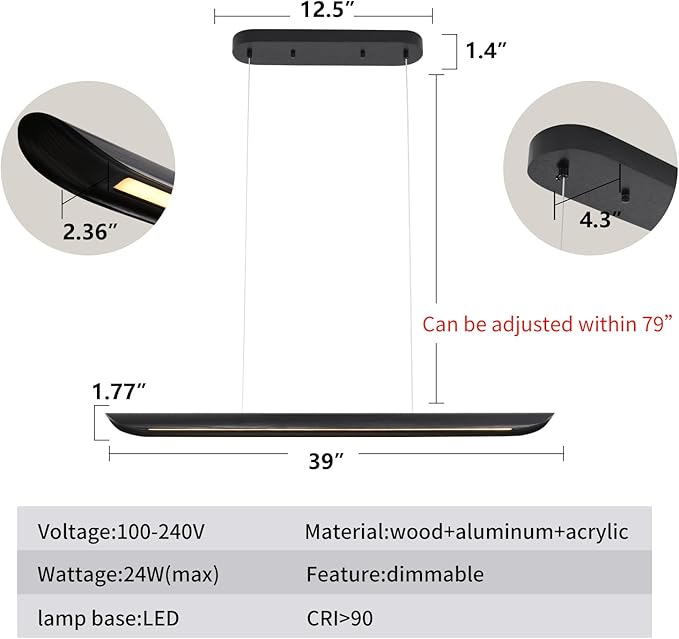 39" Modern Led Linear Pendant Light Dimmable Ceiling Hanging Lights Wood Linear Chandeliers Office Lighting for Dining Room Kitchen Island Pool Table Light Living Room Bar Pendant Light Black 24W